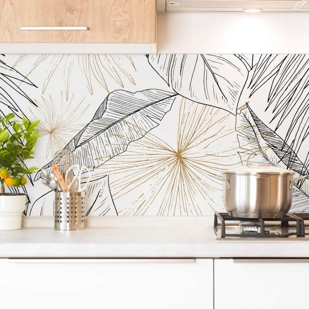 Crédence cuisine en aluminium - floral noir et doré - 360x50 cm (en 3 bandeaux)