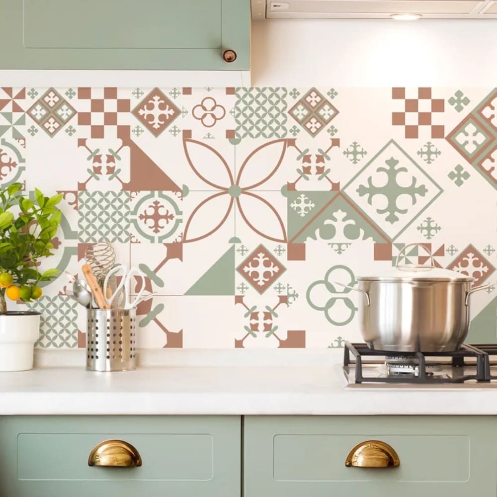 Crédence cuisine en aluminium - effet carreaux de ciment vert terracotta - 240x50 cm (en 2 bandeaux)