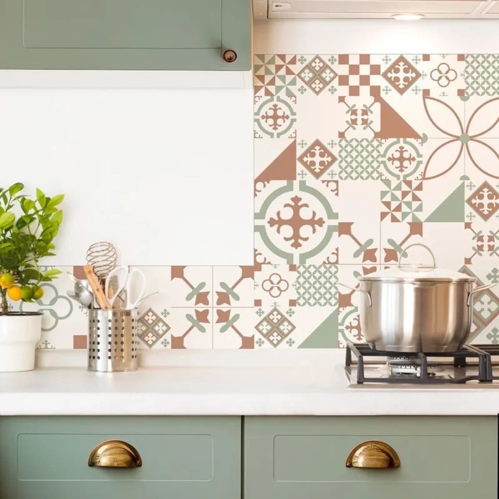 Crédence cuisine en aluminium - effet carreaux de ciment vert terracotta - 300x20 cm (en 3 bandeaux)