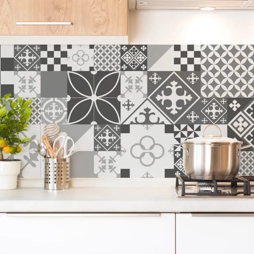 Crédence cuisine en aluminium - effet carreaux de ciment gris - 240x50 cm (en 2 bandeaux)