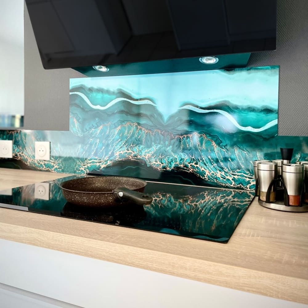 Crédence cuisine en aluminium - effet marbre bleu - 300x20 cm (en 3 bandeaux)