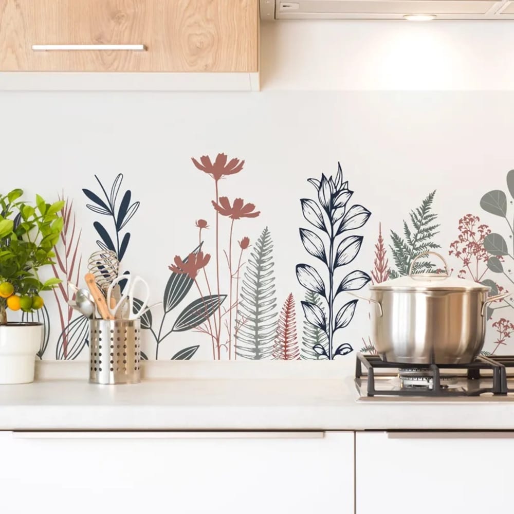 Crédence cuisine en aluminium - floral bleu profond et vert - 360x50 cm (en 3 bandeaux)
