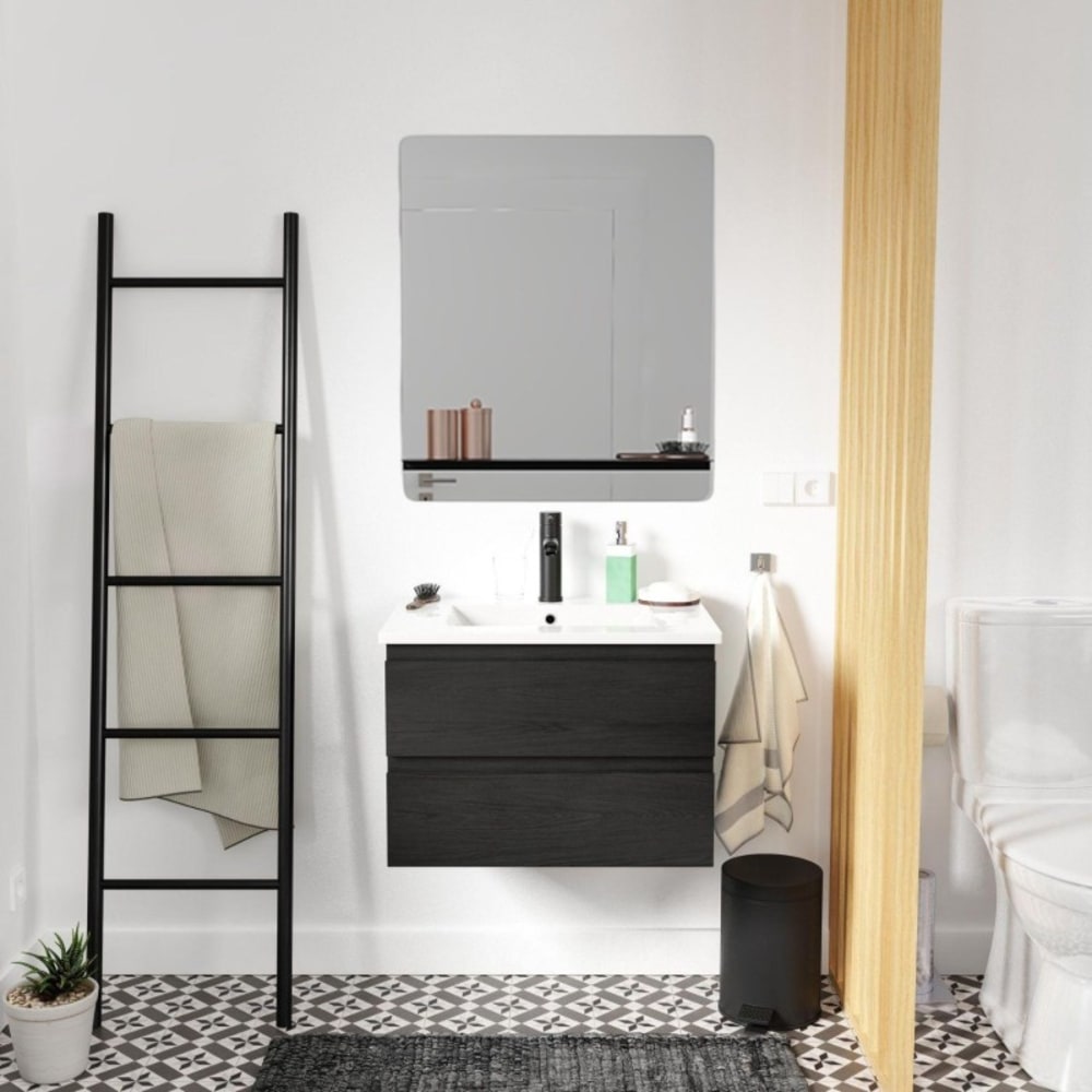 Meuble simple vasque 60cm SORRENTO chêne+vasque noire+robinet+miroir rectangle