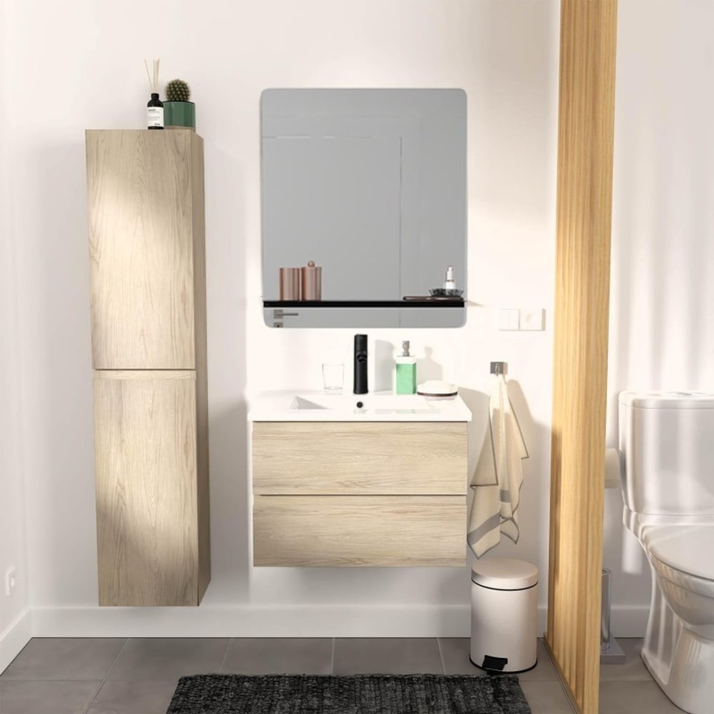 Meuble simple vasque 60cm SORRENTO Décor chêne +vasque+robinet+miroir+colonne