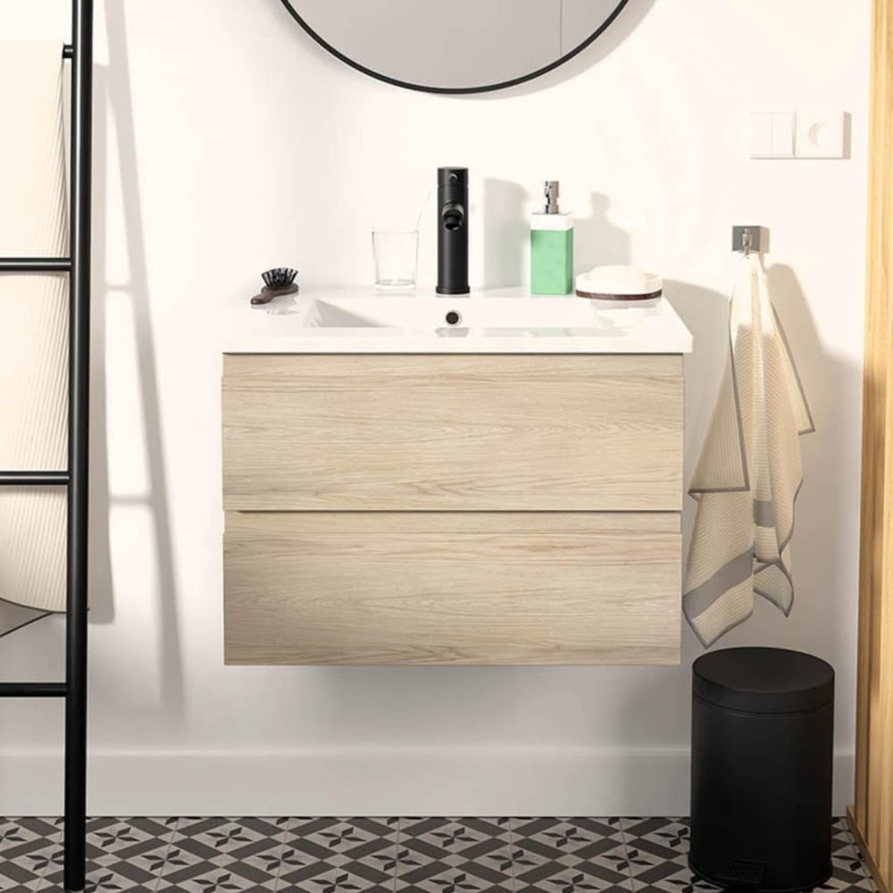 Ensemble simple vasque SORRENTO 60cm avec plan céramique et robinet noir