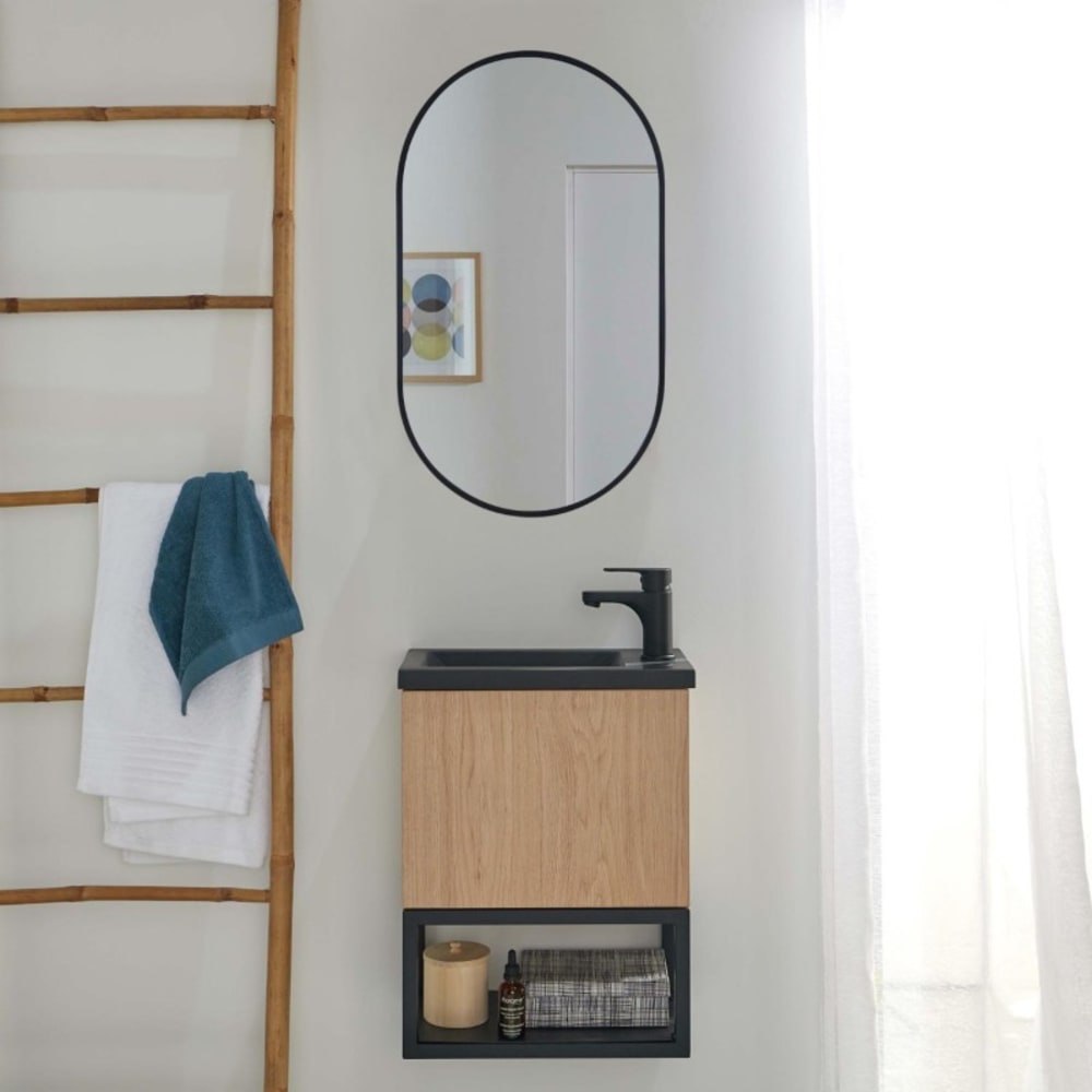 Ensemble lave-mains NOVA métal et bois avec miroir ovale