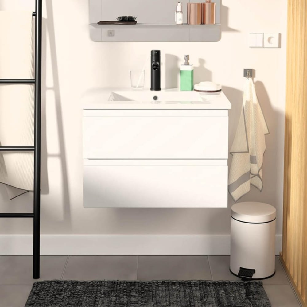 Ensemble simple vasque SORRENTO 60cm avec plan céramique et robinet noir