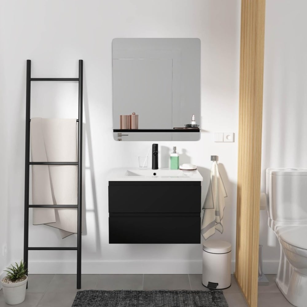 Meuble simple vasque 60cm SORRENTO chêne+vasque noire+robinet+miroir rectangle