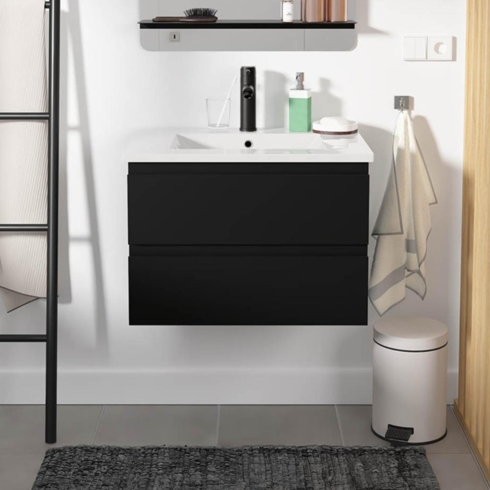 Ensemble simple vasque SORRENTO 60cm avec plan céramique et robinet noir
