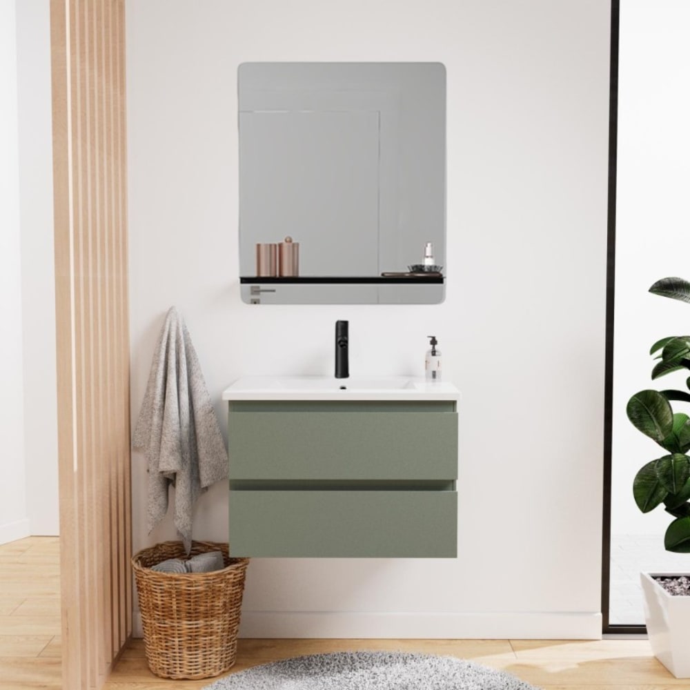 Meuble simple vasque 60cm SORRENTO chêne+vasque noire+robinet+miroir rectangle