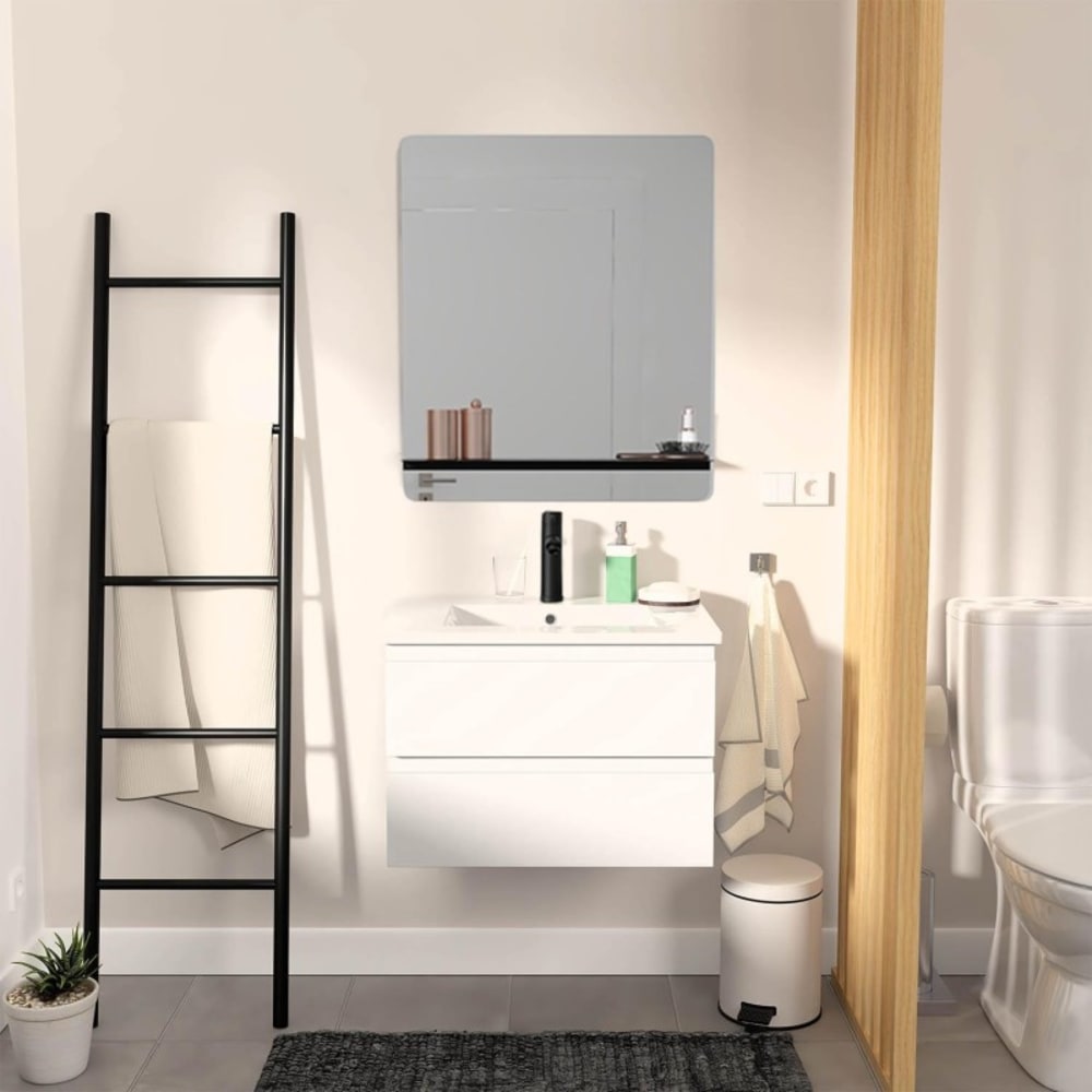 Meuble simple vasque 60cm SORRENTO chêne+vasque noire+robinet+miroir rectangle