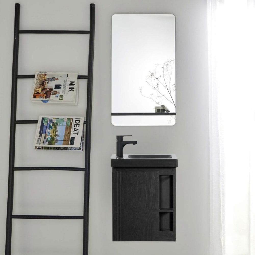 Ensemble lave-mains HAMPTON avec rangement latéral et miroir tablette noire