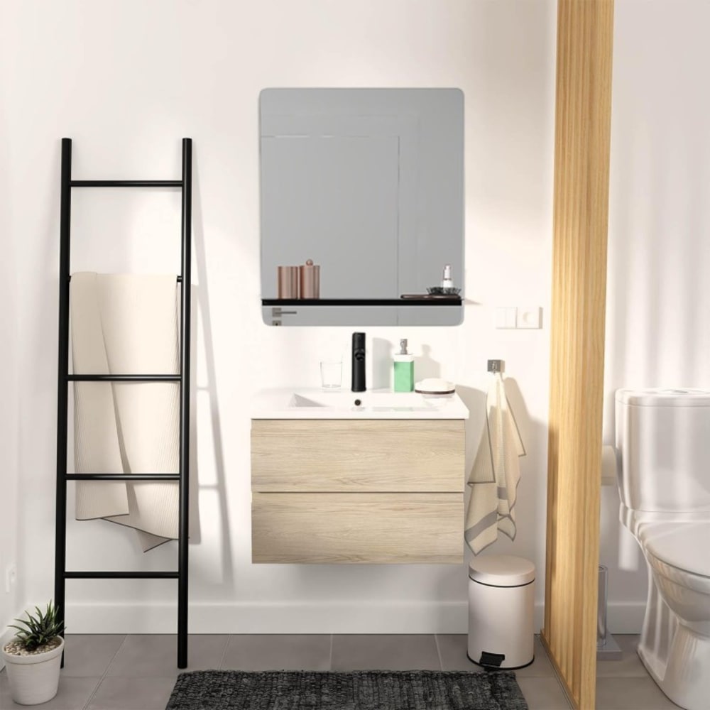 Meuble simple vasque 60cm SORRENTO chêne+vasque noire+robinet+miroir rectangle
