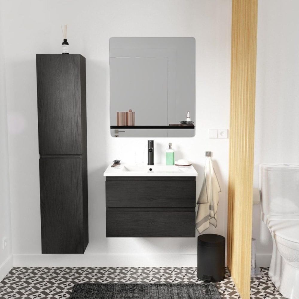 Meuble simple vasque 60cm SORRENTO Décor chêne +vasque+robinet+miroir+colonne