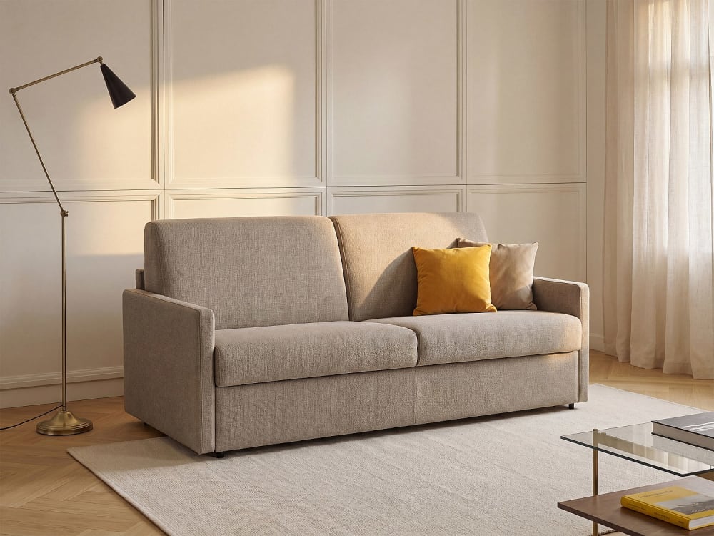 Canapé 3 places convertible express en tissu beige - Couchage 140 cm - Matelas 14 cm CALIFE