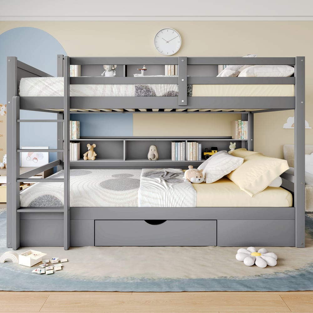 Lit Superposé 90x200 cm - Lit Superposé enfant avec Tiroirs et Espaces de Rangement - Bois de Pin et MDF - Gris - Sans Matelas
