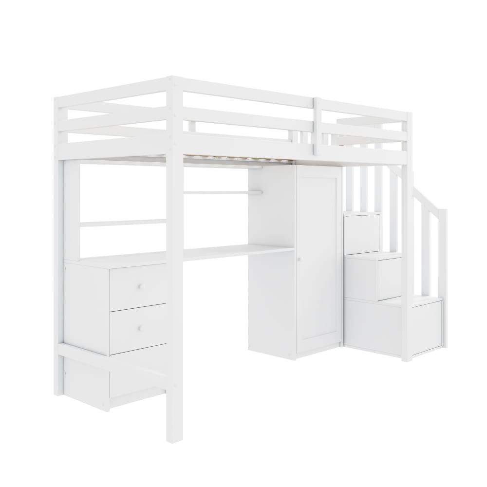 Lit Mezzanine 90x200 cm, Lit Enfant avec Bureau et Armoire, Escalier Rangement et Tiroirs, en MDF, Blanc - sans Matelas