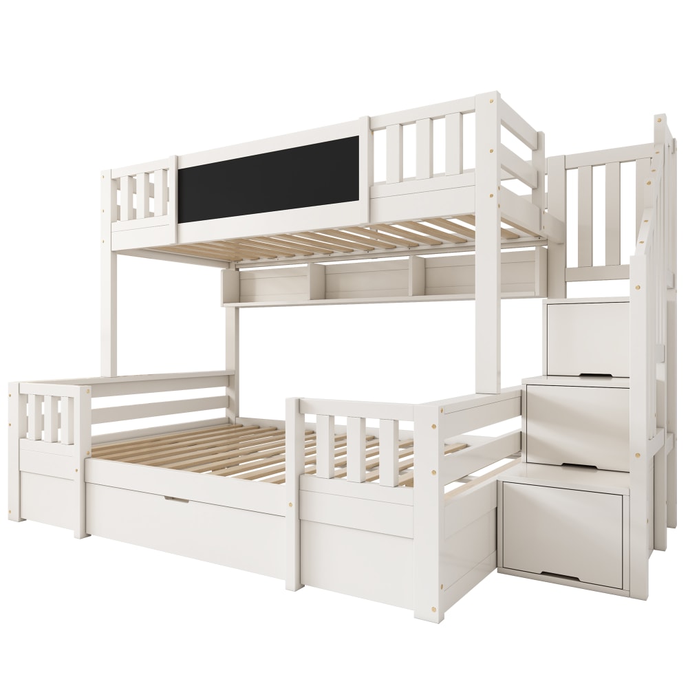 Okwish Lit Superposé Enfant 3 Couchages 253x145x150 Cm, Ardoise, Rangement Avec Tiroirs Et Escalier, Bois Métal Blanc