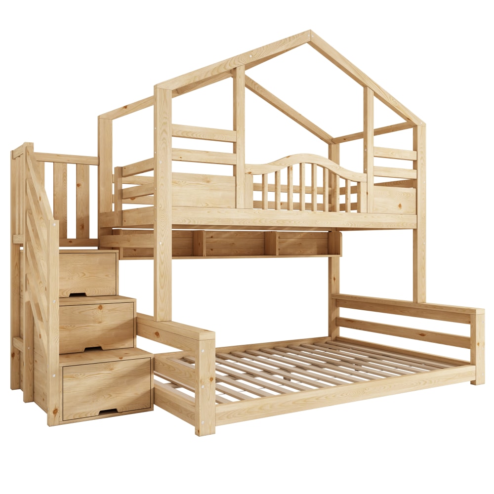 Lit Superposé 90/140x200 cm - Lit Cabane Enfant avec Escalier et Rangements, Barrières de Sécurité - sans Matelas Beige Bois Clair