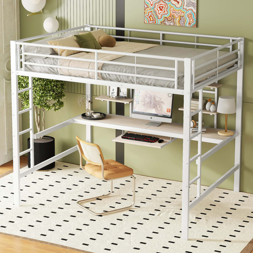 Lit Mezzanine 204x145x180 Cm Avec Bureau, 2 Étagères Et Garde Corps, Structure Métal Et Mdf Blanc