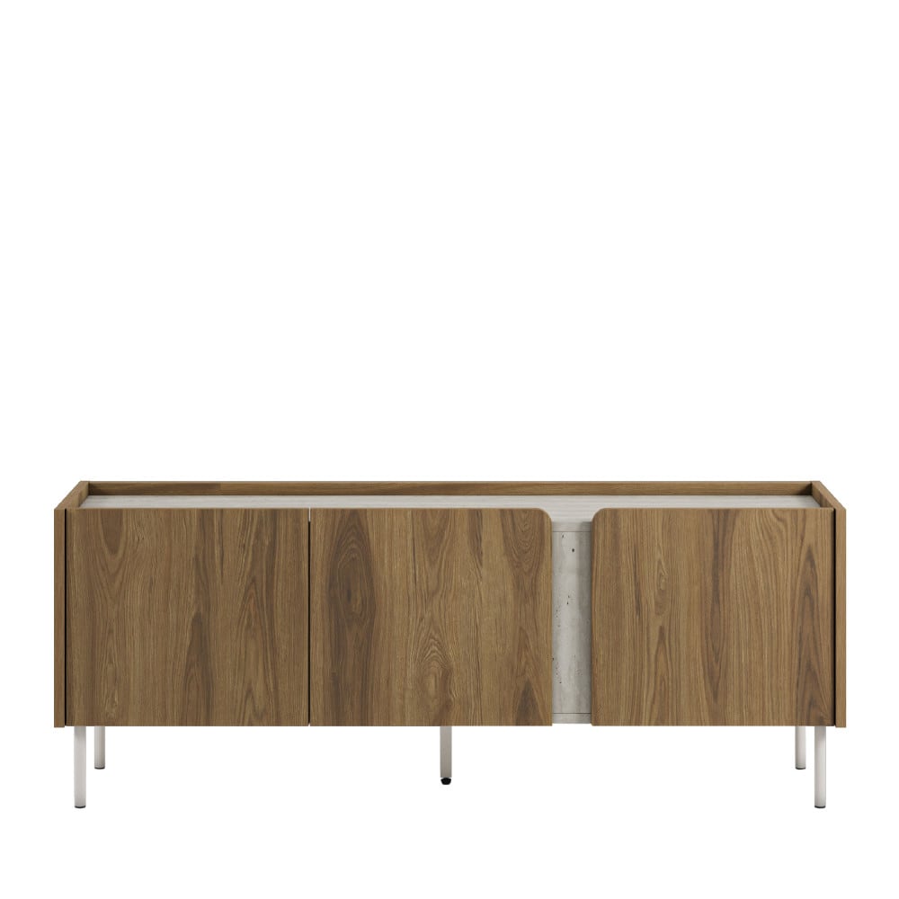 Boxy - Meuble TV 3 portes en bois et effet travertin L140cm - Bois foncé