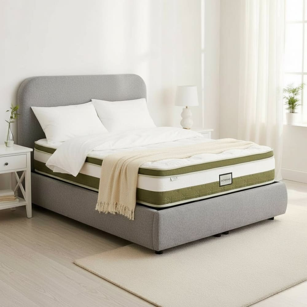 Line - Lit Double En Tissu Gris Vert Avec Coffre 140x190 Cm