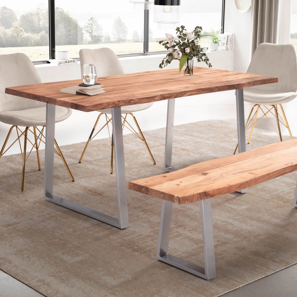 Finebuy Table Salle À Manger 140 Cm Bois Massif D'acacia Métal Cuisine Bords Naturels