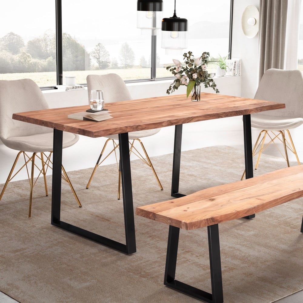 Finebuy Table Salle À Manger 180 Cm Bois Massif D'acacia Métal Cuisine Bords Naturels