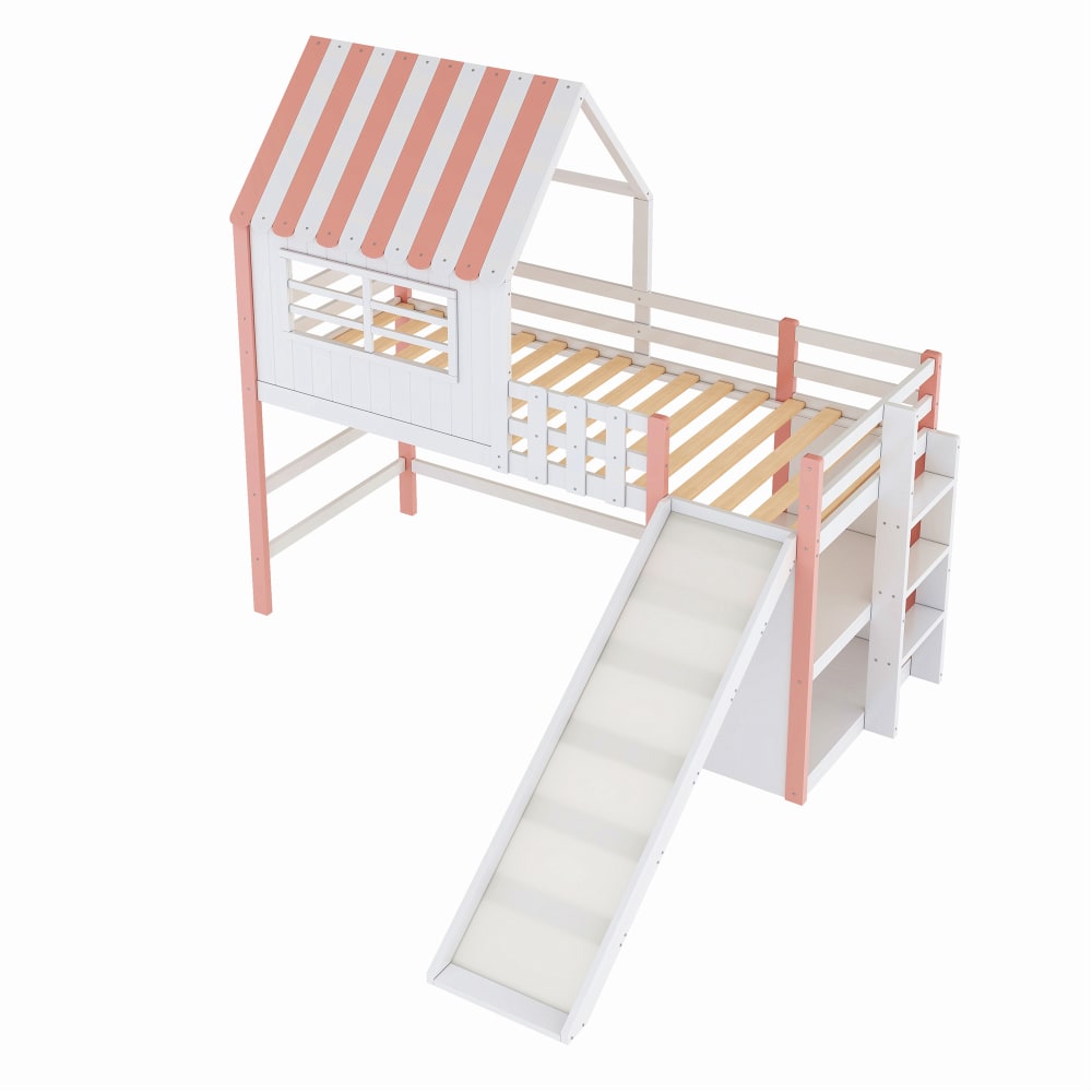 Lit Mezzanine 90x200 cm - Lit enfant avec Rangement, Échelle et Toboggan, Sans Matelas - Bois Massif Rose