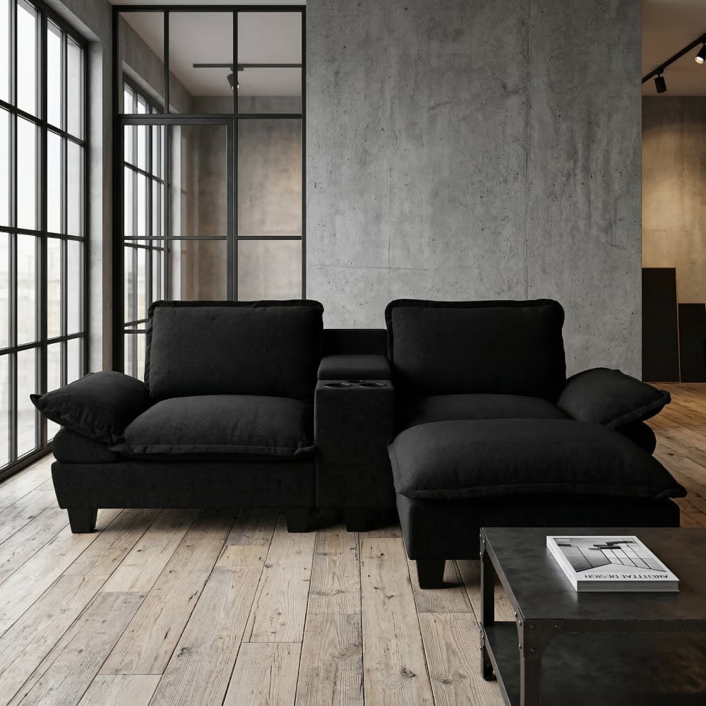 Canapé D'Angle Modulable Avec Ottomane, Ports Usb, Rangements Et Porte-gobelets, En Chenille Noire
