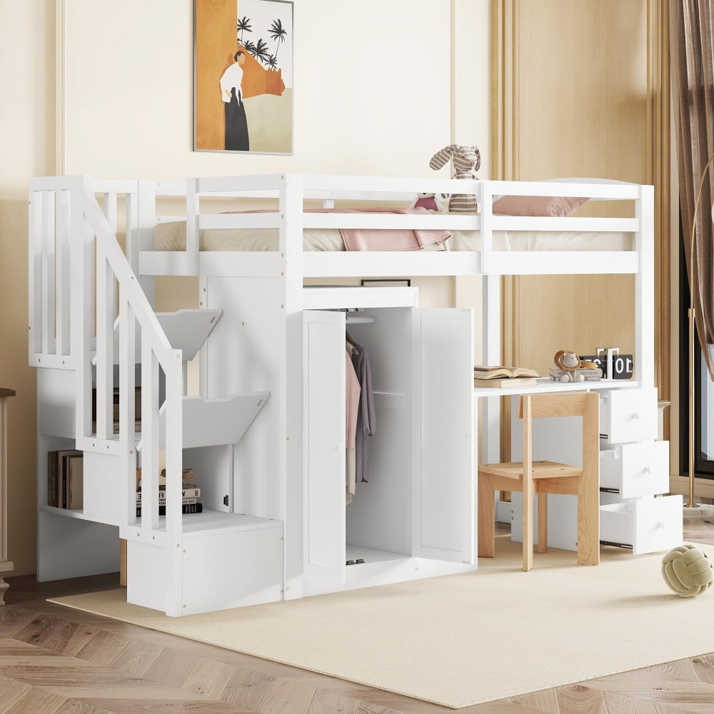 Lit Mezzanine 90x200 cm - Lit Simple avec Bureau et Tiroirs - Pin et MDF - Sans Matelas - Blanc