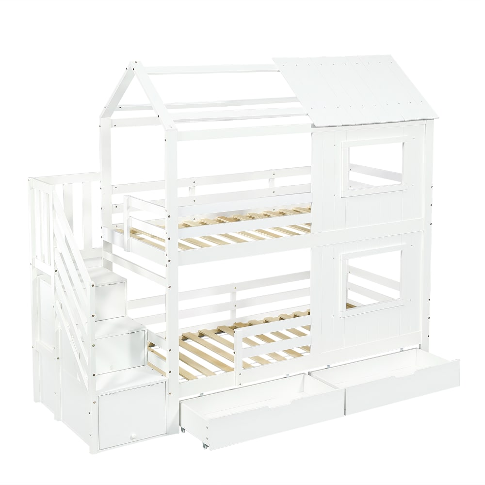 Lit Superposé Enfant 253x95x218 Cm, Escalier Avec Rangements, Tiroir À Roulettes, Fenêtres Et Toit, Pin Et Mdf Blanc
