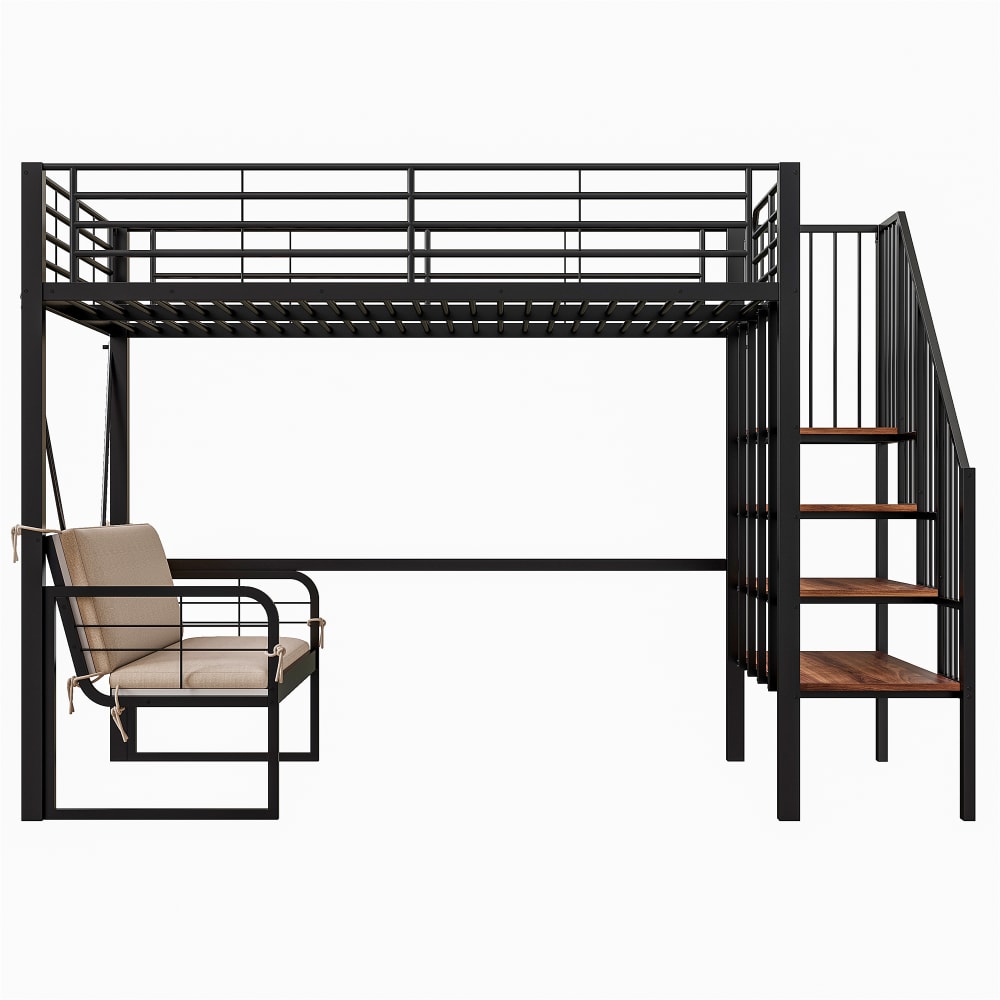 Lit Superposé 140x200 Cm, Avec Escalier De Rangement Et Canapé Amovible, En Métal, Noir, Sans Matelas