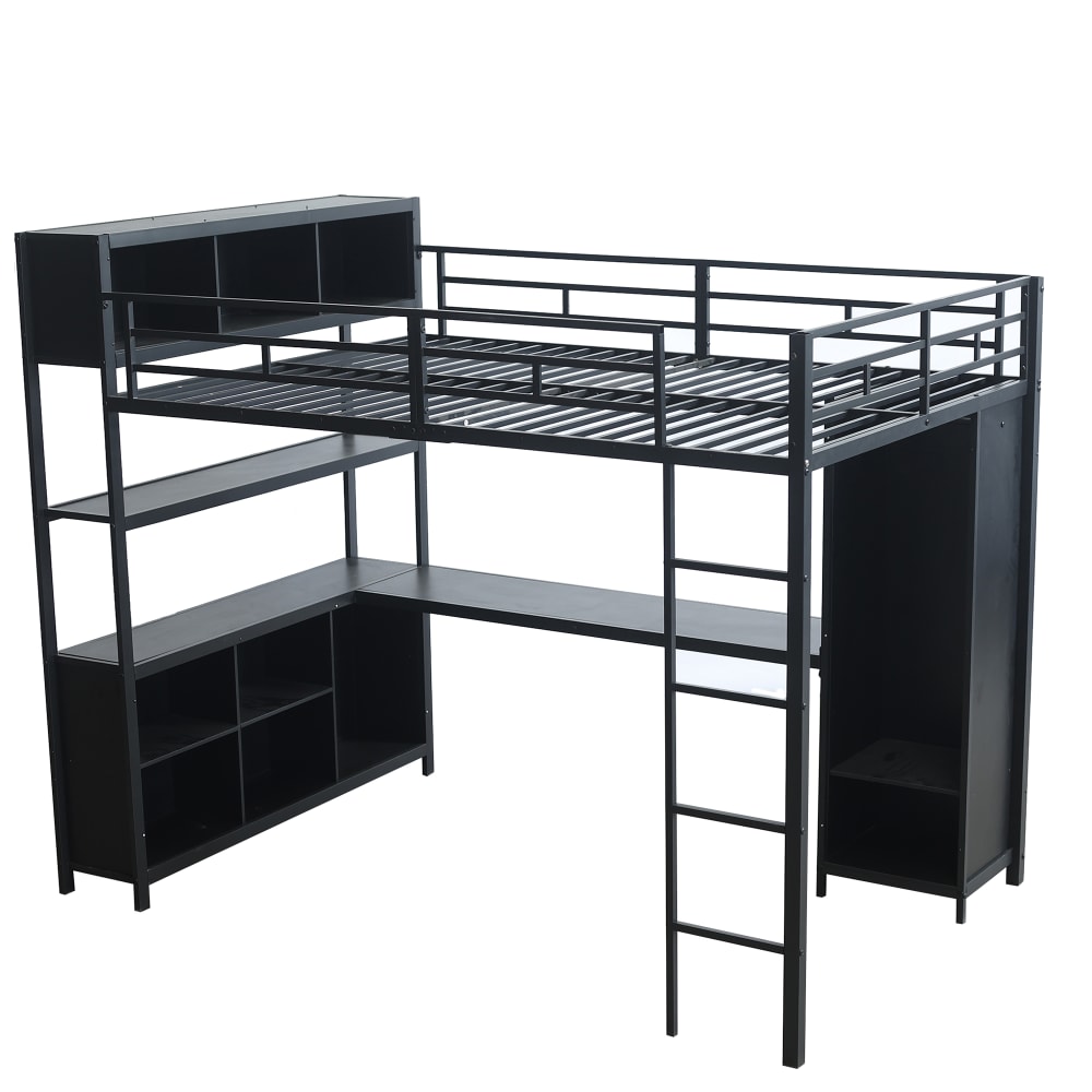 Lit Mezzanine 140x200 Cm Avec Bureau, Rangement Et Armoire, En Métal, Noir, Sans Matelas