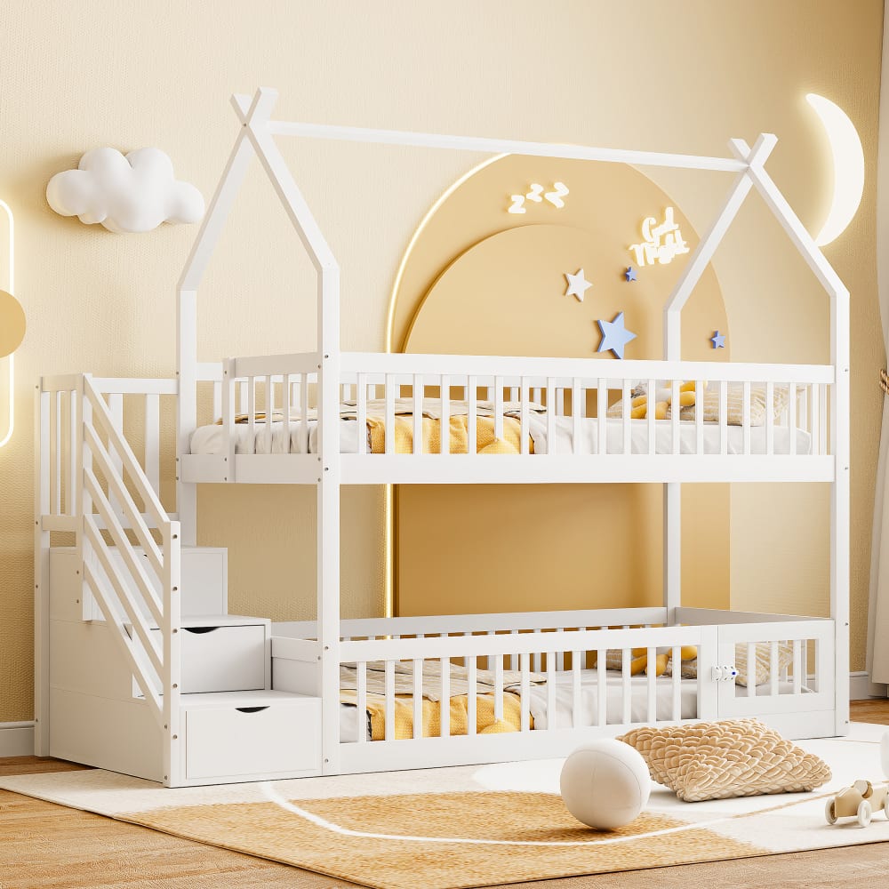 Lit superposé 90x200 cm - Lit enfant avec Rangement et Toit, Échelle de Sécurité et Garde-Corps, Sans Matelas - Bois Massif Blanc