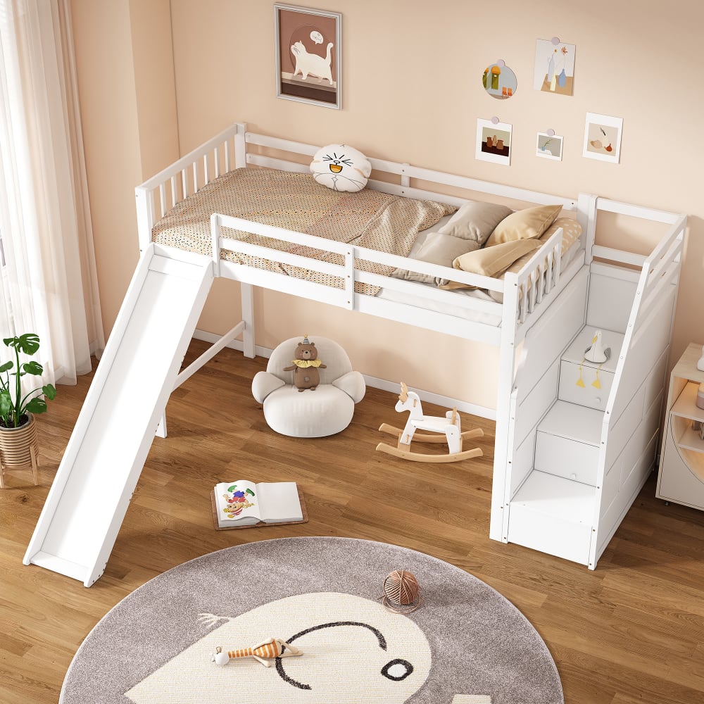 Lit mezzanine enfant en pin blanc avec toboggan 90 x 200 cm