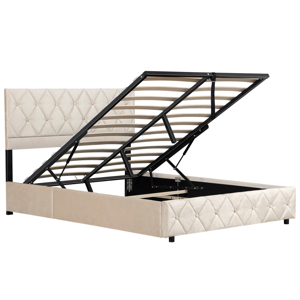 Lit rembourré en velours avec coffre de rangement beige 160x200 cm