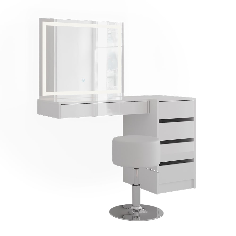 Coiffeuse Sherry, Blanc/blanc Haute Brillance, 120.2cm Avec Miroir Led, Tabouret Et Meuble À Tiroirs, Vicco
