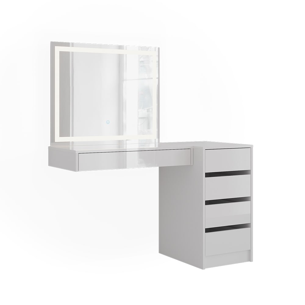 Coiffeuse Sherry, Blanc/blanc Haute Brillance, 120.2cm Avec Miroir Led Et Meuble À Tiroirs, Vicco