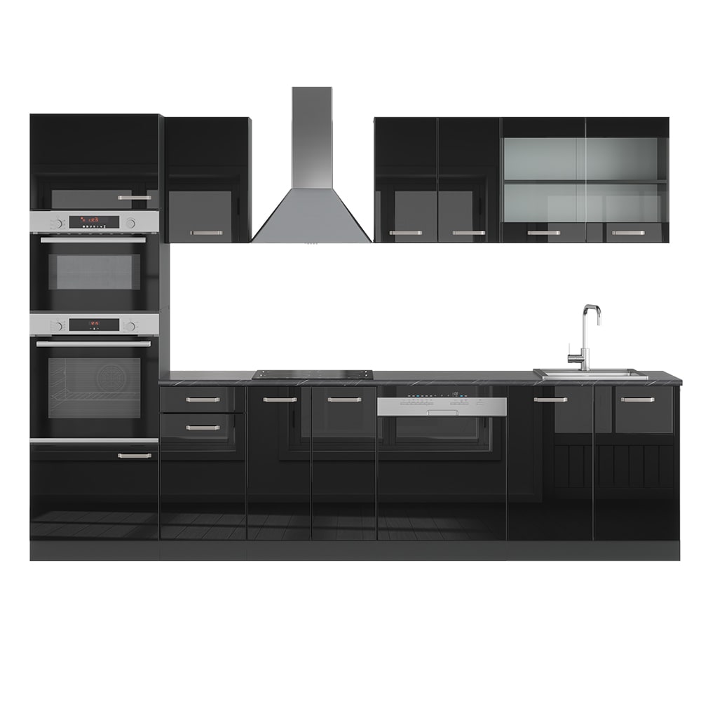 Vicco Cuisine Noir brillant/Anthracite 300cm avec armoire haute, sans PT