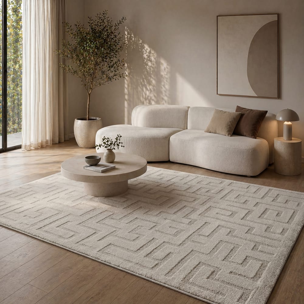 Tapis salon moderne géométrique doux, beige, 200 x 280 cm