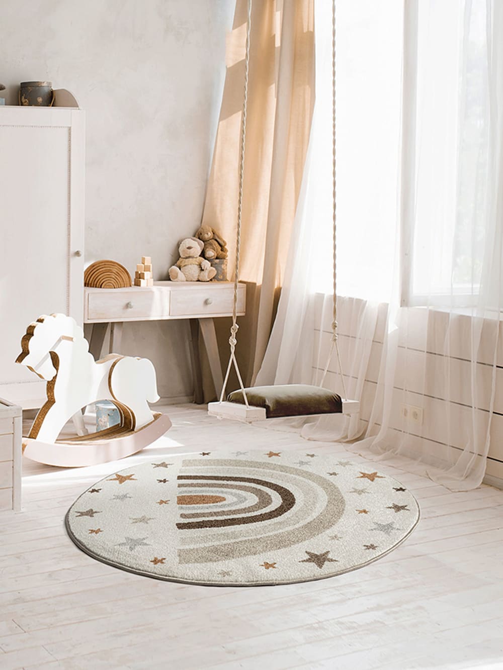 Tapis Enfant Moderne Doux Arc-en-ciel Étoiles, Crème, 160 cm ronde