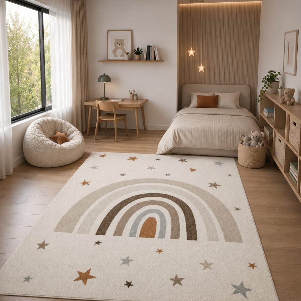 Tapis Enfant Moderne Doux Arc-en-ciel Étoiles, Crème, 160 x 220 cm