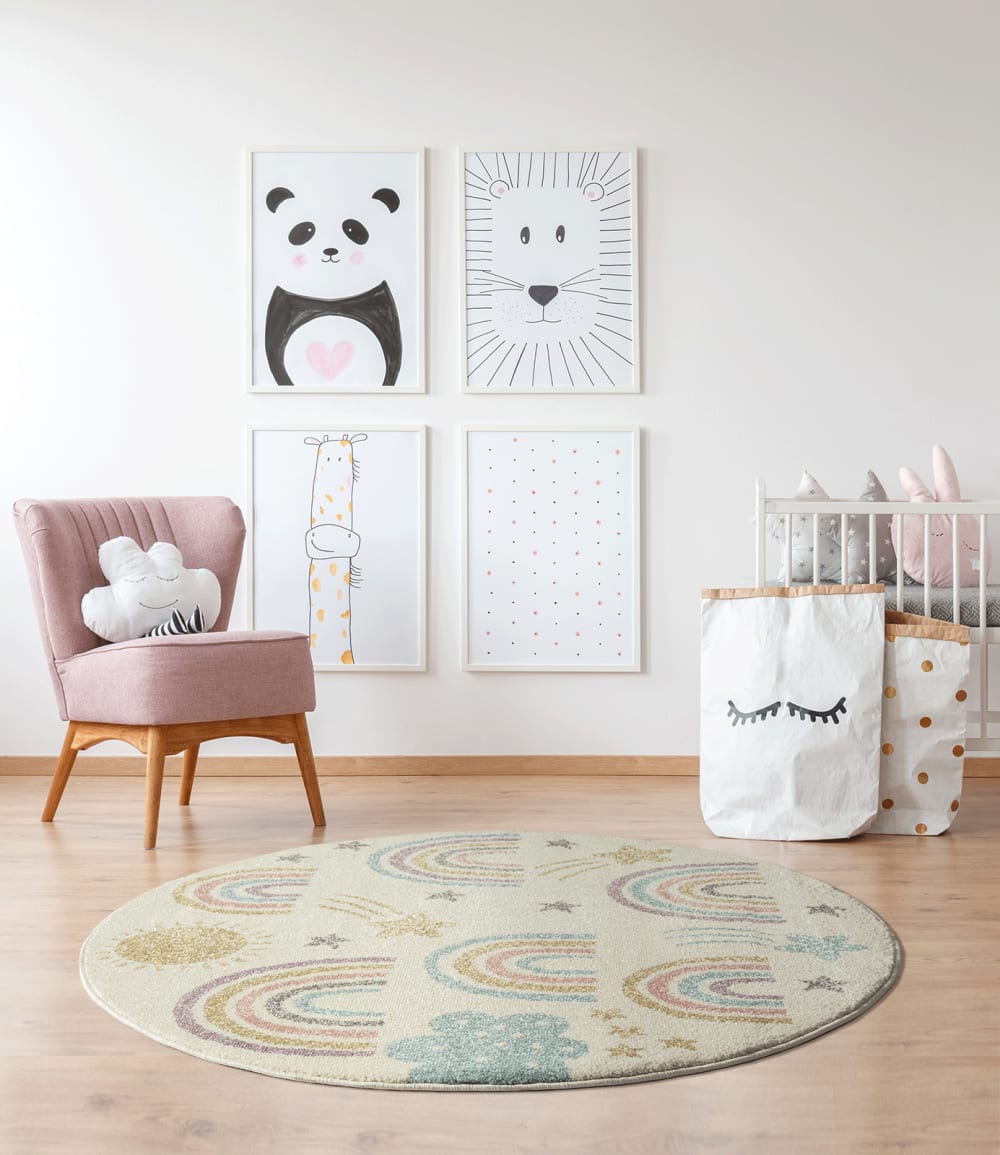 Tapis Enfant Moderne Doux Soleil Arc-en-ciel Nuages, Crème, 160 cm ronde