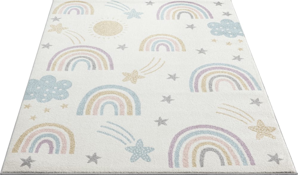 Tapis Enfant Moderne Doux Soleil Arc-en-ciel Nuages, Crème, 80 x 150 cm