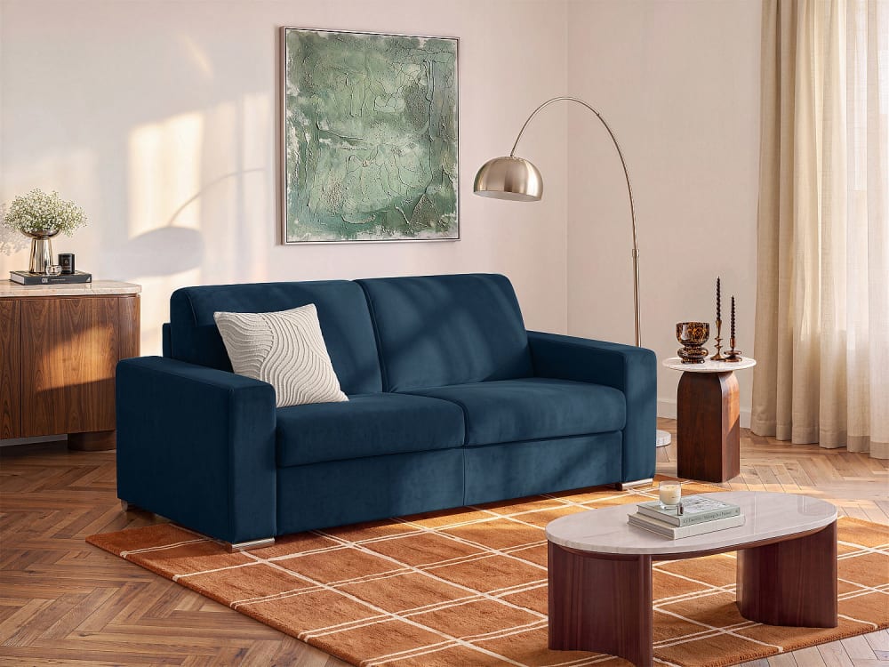 Canapé 2 places convertible express en velours bleu nuit - Couchage lattes larges 120 cm - Matelas 18 cm avec mémoire de forme