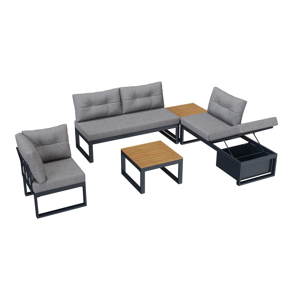 Salon De Jardin Modulable Gris Foncé Avec Dossier Réglable 3 Positions, Fonction Bain De Soleil, Coffre De Rangement Et Coussins Épais