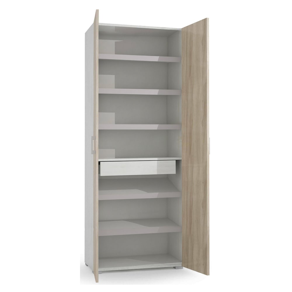 Armoire Polyvalente À 2 Portes, Effet Bois, Chêne Clair, Blanc, 72x37h195 Cm