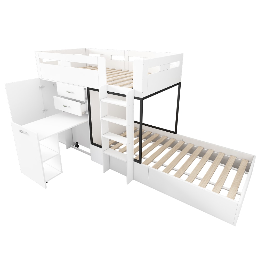 Lit Superposé enfant 90x200 cm - Lit avec Bureau Escamotable et Armoire - MDF et Panneaux Stratifiés - Sans Matelas - Blanc