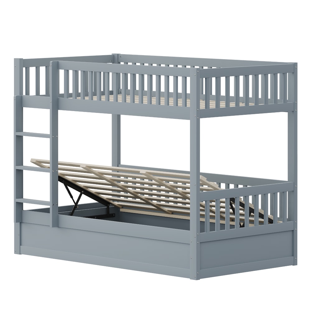 Lit superposé 90x200 cm - Lit coffre enfant avec barrière de sécurité solide - design fonctionnel - Sans matelas - Gris